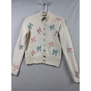 Vintage Michael Seroy Cardigan Sweater Womens M Cream Pastel Bow Sequin Cottage